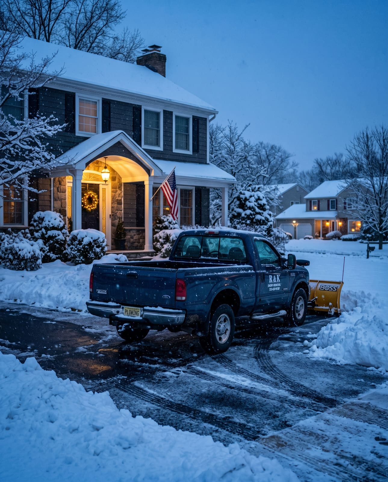 Snow plow truck parked in a cleared driveway at dusk