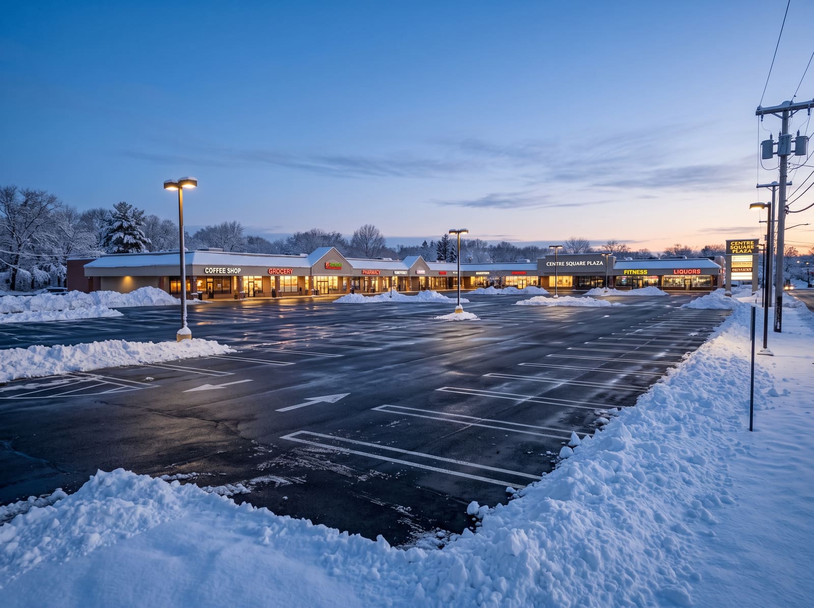 Freshly plowed commercial parking lot