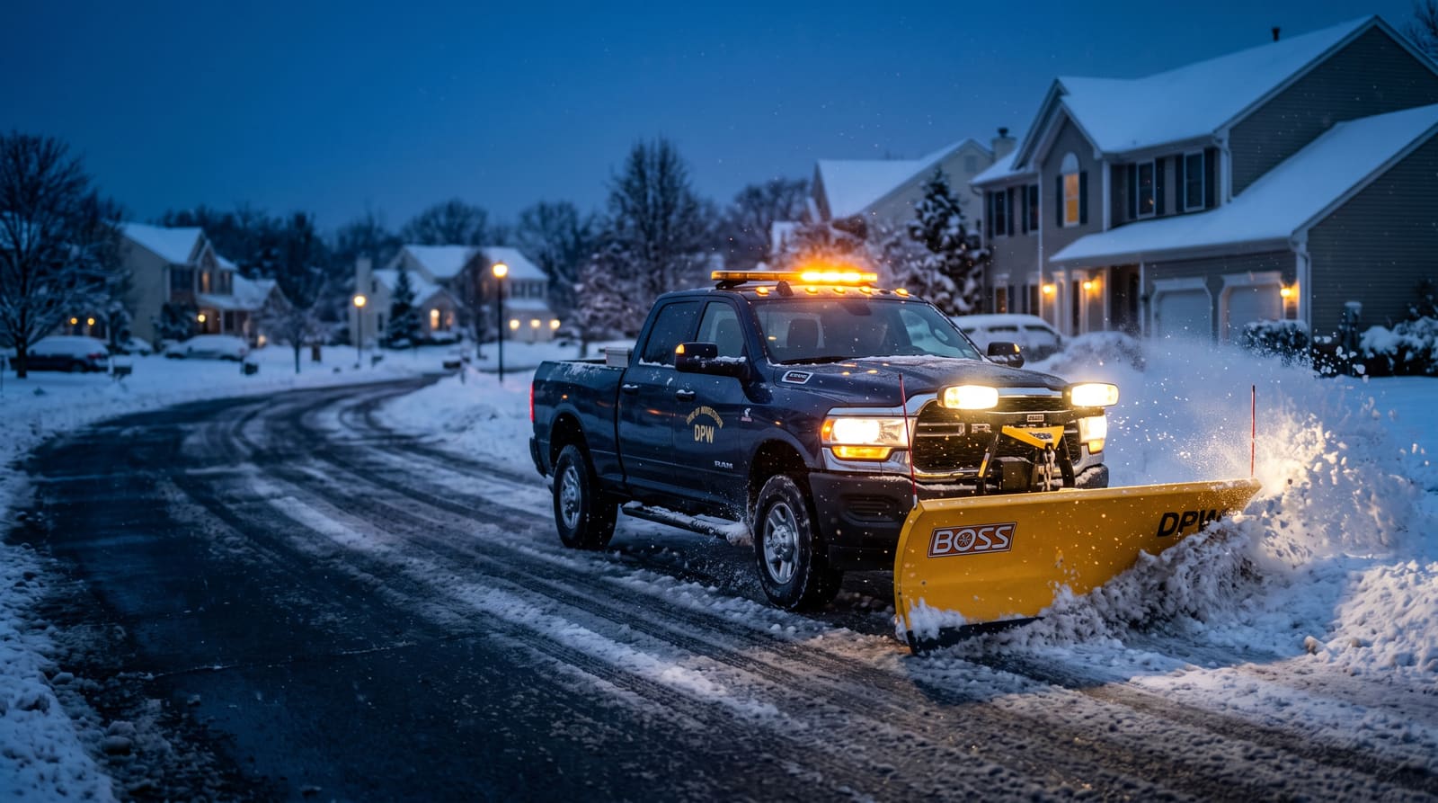 Snow plow truck clearing a New Jersey neighborhood street at dusk
