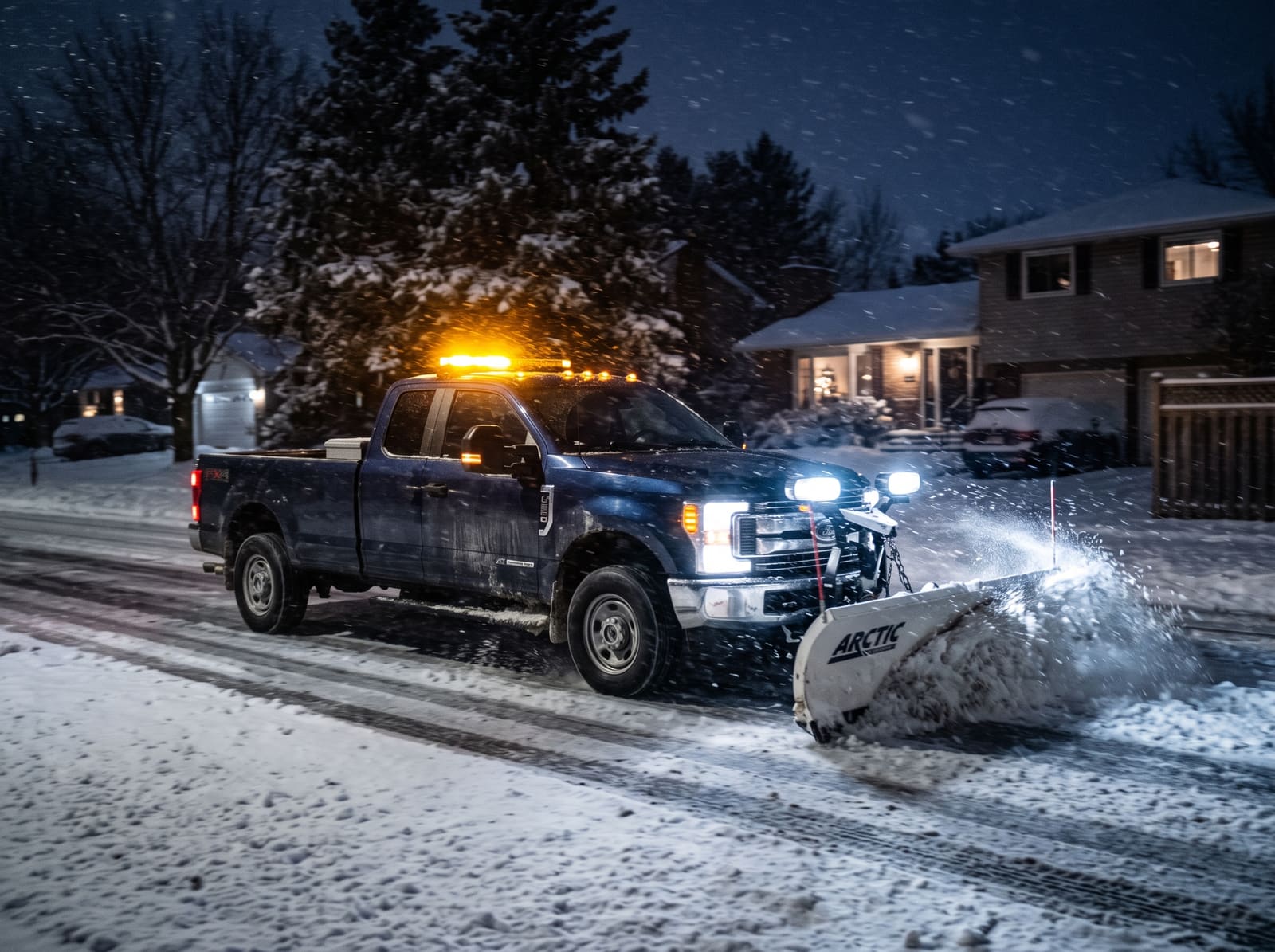 Snow plow truck working at night during a storm